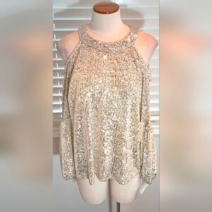 CeCe Champagne Holiday Affair Sequin Shoulerless Top Size L NWT